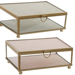 Caixa para Jóias em Vidro e Metal Dourado - Bege Bonita Caixa em Vidro e Metal Dourado Fundo Interior e tampa em Imit. tecido Bege