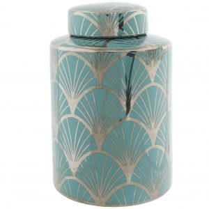 Pote com Tampa Azul Petróleo Bonito pote de porcelana com tampa Tons azul petróleo e prata