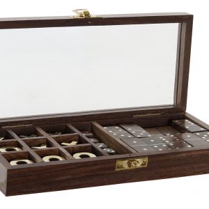 Set Jogo do Galo + Dominó em Caixa de Madeira Bonita Caixa em Madeira, Vidro e Latão com 2 jogos Jogo do Galo e Dominó