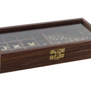 Set Jogo do Galo + Dominó em Caixa de Madeira Bonita Caixa em Madeira, Vidro e Latão com 2 jogos Jogo do Galo e Dominó