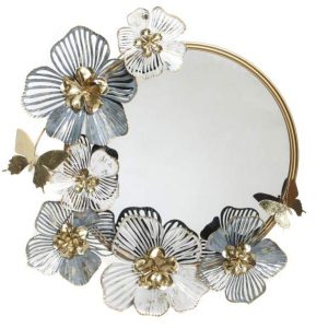 Espelho em Metal Flores - Azul e Dourado Bonito espelho com moldura e aplicação de flores e borboletas Azul e Dourado Funciona também como peça decorativa