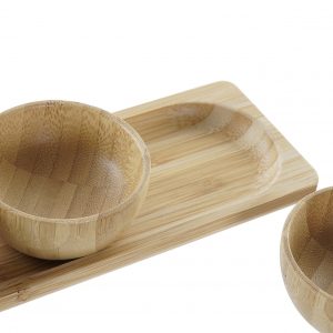 Set de Bandeja + 3 Taças em Bambu Bonito e Útil Conjunto de 4 Peças 1 Bandeja + 3 Taças de Servir em Bambu