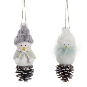 Pendente Boneco Neve Pinha - Chapéu Cinza Bonito enfeite para Árvore de Natal Boneco de Neve com Pinha Natural