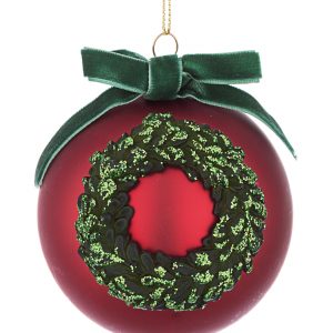 Pendente Bola de Vidro – Vermelho com Laço e Coroa Verde Bonita Bola Pendente em Vidro para Árvore de Natal. Em Vermelho com Aplicação de Coroa e Laço em Veludo Verde