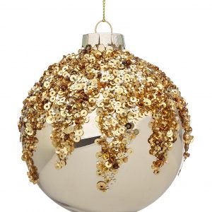 Pendente Bola de Vidro – Dourada Aplicações Brilhantes Bonita Bola Pendente em Vidro para Árvore de Natal. Em Dourado e Aplicação Brilhantes