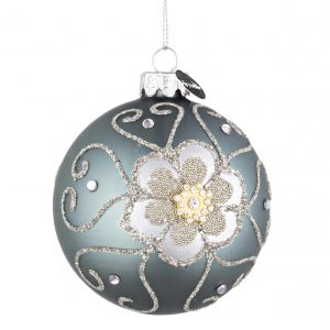 Pendente Bola de Vidro – Azul com Pérolas Bonita Bola Pendente em Vidro para Árvore de Natal. Em Azul com Aplicações Brilhantes Prateadas e Pormenores Dourados