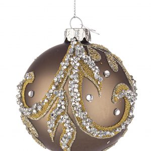 Pendente Bola de Vidro – Castanho com Pérolas Bonita Bola Pendente em Vidro para Árvore de Natal. Em Castanho com Aplicações Brilhantes e Pormenores Dourados