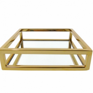 Tabuleiro / Bandeja Quadrado – Metal Dourado Bonito Tabuleiro Dourado com interior/fundo em espelho Quadrado e de linhas simples