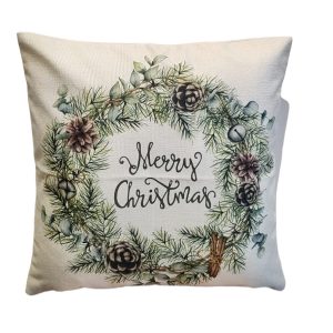 Almofada Natal - Merry Christmas Verde Bonita almofada de Natal em tecido toque e aspeto alinhado Imagem Impressa Costa em tecido liso