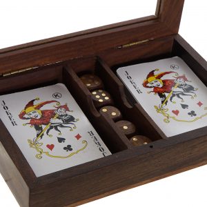 Jogo Cartas com dados - Set 2 Bonito conjunto de 2 jogos de cartas com dados Caixa de madeira com vidro e pormenores dourados