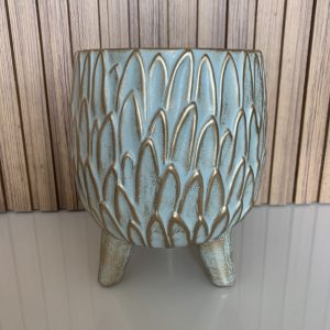 Vaso Cerâmica com Pés - Verde Água e Dourado Bonito Vaso em Cerâmica Verde Água e Dourado