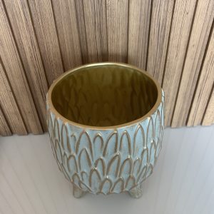Vaso Cerâmica com Pés - Verde Água e Dourado Bonito Vaso em Cerâmica Verde Água e Dourado