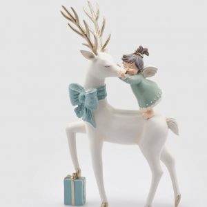 Rena Poliresina com Anjo - Azul e Branco Bonita Peça Decorativa Rena em Poliresina
