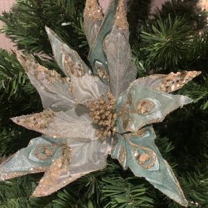 Flor com Pé - Azul Dourado Bonita flor decorativa em tons de azul turquesa e dourado