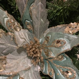 Flor com Pé - Azul Dourado Bonita flor decorativa em tons de azul turquesa e dourado