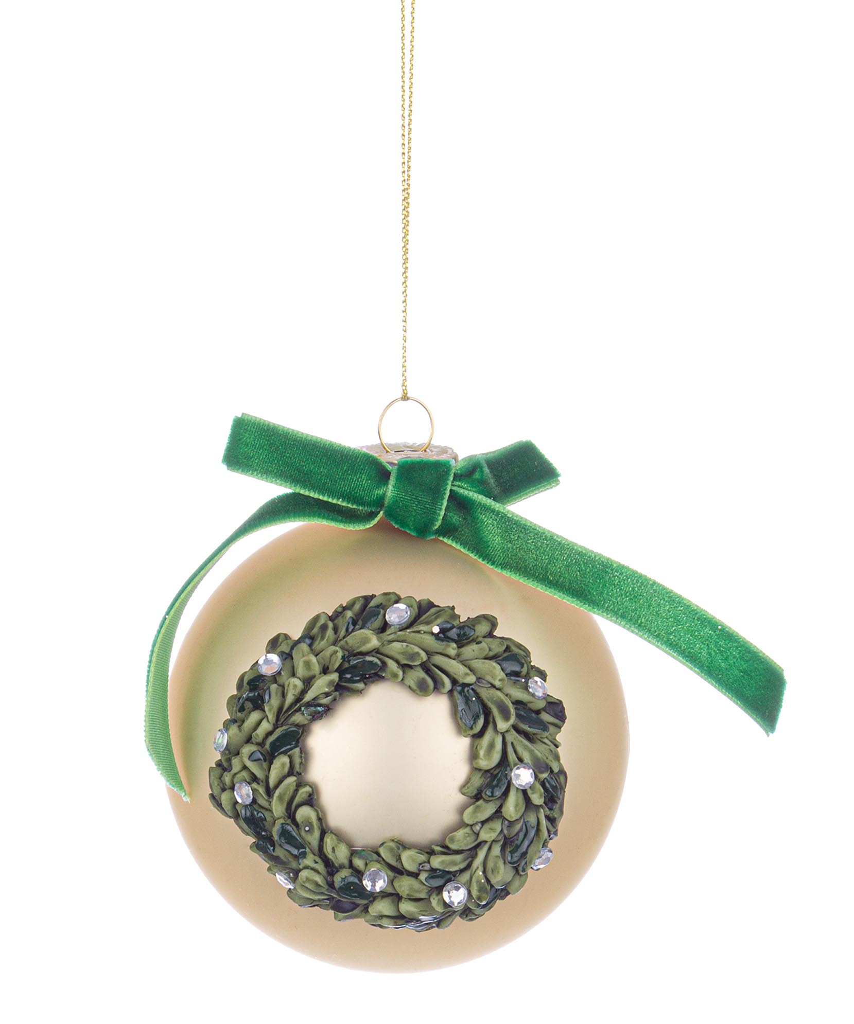 Bola Vidro Dourada Coroa Verde - 8 Cms