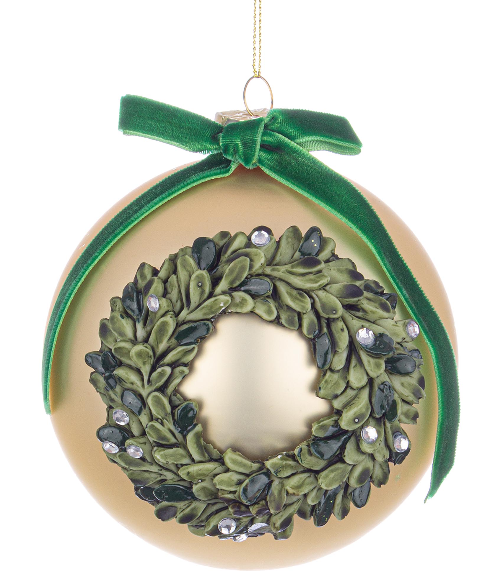 Bola Vidro Dourada Coroa Verde – 10 Cms