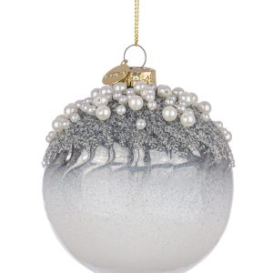Bola Vidro - Prata Aplicações Pérolas Bonita bola para árvore de natal em vidro