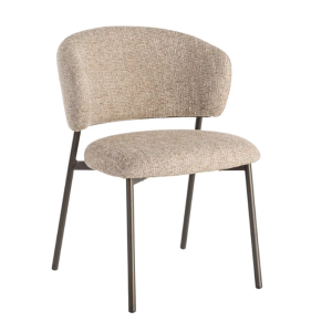 Cadeira Estofada – 185€/Uni (Conj. 8 unidades) Bonita cadeira estofada em tecido texturado falso liso bege/castanho com pés metálicos castanho escuro.