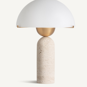 Candeeiro de Mesa - Mármore e Vidro Bonito e distinto candeeiro em vidro branco e pedra natural travertino com detalhes em metal dourado escovado