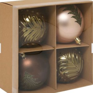 Pack 4 Bolas Árvore Natal - Bronze/Verde Pack de 4 bolas pendentes para árvore de Natal de 8 cms em tons Castanho, Bronze e Verde. Material: PVC