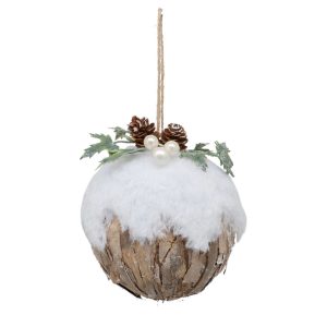 Pendente Bola - Efeito Neve/Madeira Bonito pendente bola para árvore de Natal, com madeira, efeito neve e bagas.